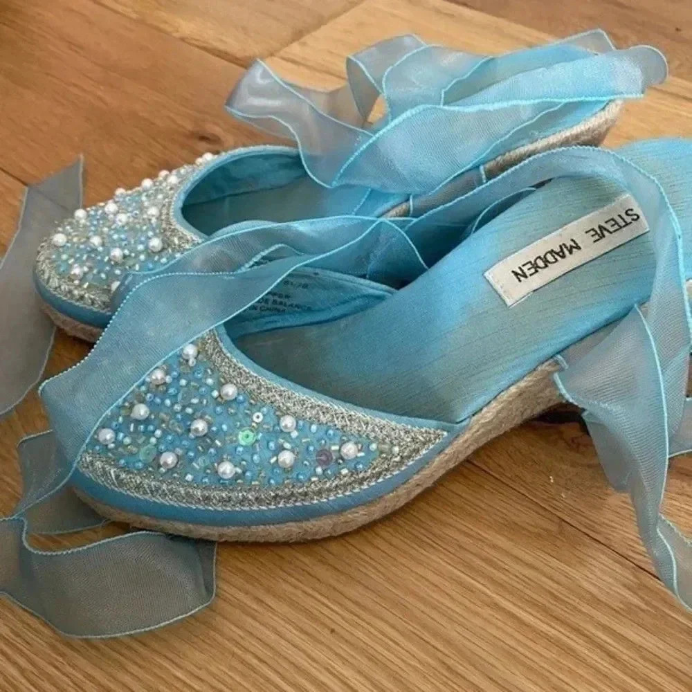 Steve Madden Blue Beaded Espadrilles Tie Up Wedges - Picture 6 of 15